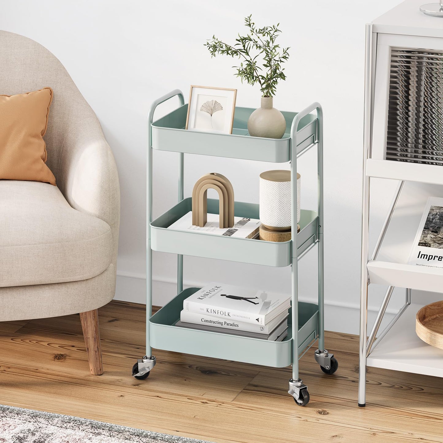 TOOLF 3-Tier Rolling Cart, Metal Utility Cart with Lockable Wheels, Storage Craft Art Cart Trolley Organizer Serving Cart Easy Assembly for Office, Bathroom, Kitchen, Kids' Room, Classroom (Green)