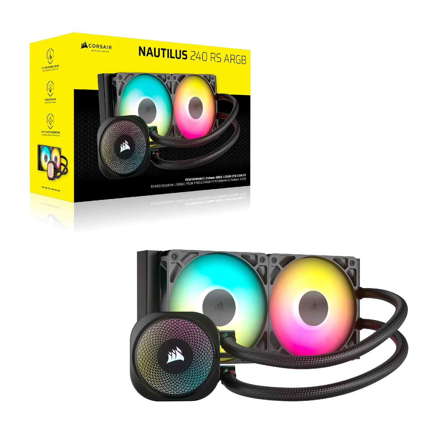 CORSAIR Nautilus 240 RS ARGB Liquid CPU Cooler – 240mm AIO – Low-Noise – Direct Motherboard Connection – Daisy-Chain – Intel LGA 1851/1700, AMD AM5/AM4 – 2X RS120 ARGB Fans Included – Black