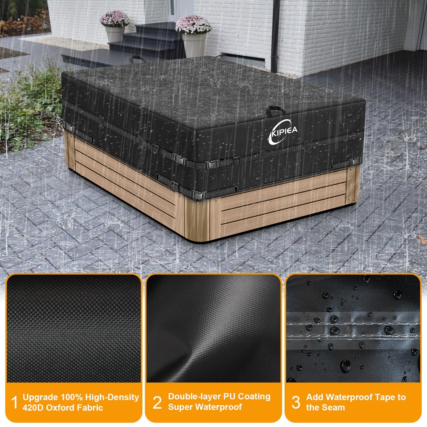 Kipiea Waterproof Rectangular Hot Tub Cover Protector, Heavy Duty Polyester SPA Cover UV Protection Cover for Hot Tub (111" L x 95" W x 20" H)