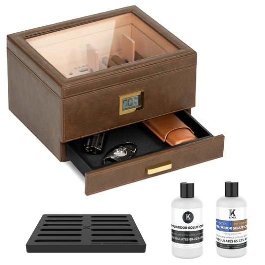 Belmont Glass Top Humidor Premium Vegan Leather, Front Digital Hygrometer, Spanish Cedar, Humidor Solution, Hydro System, and Accessory Drawer - Holds (30-60 Cigars) by CASE ELEGANCE