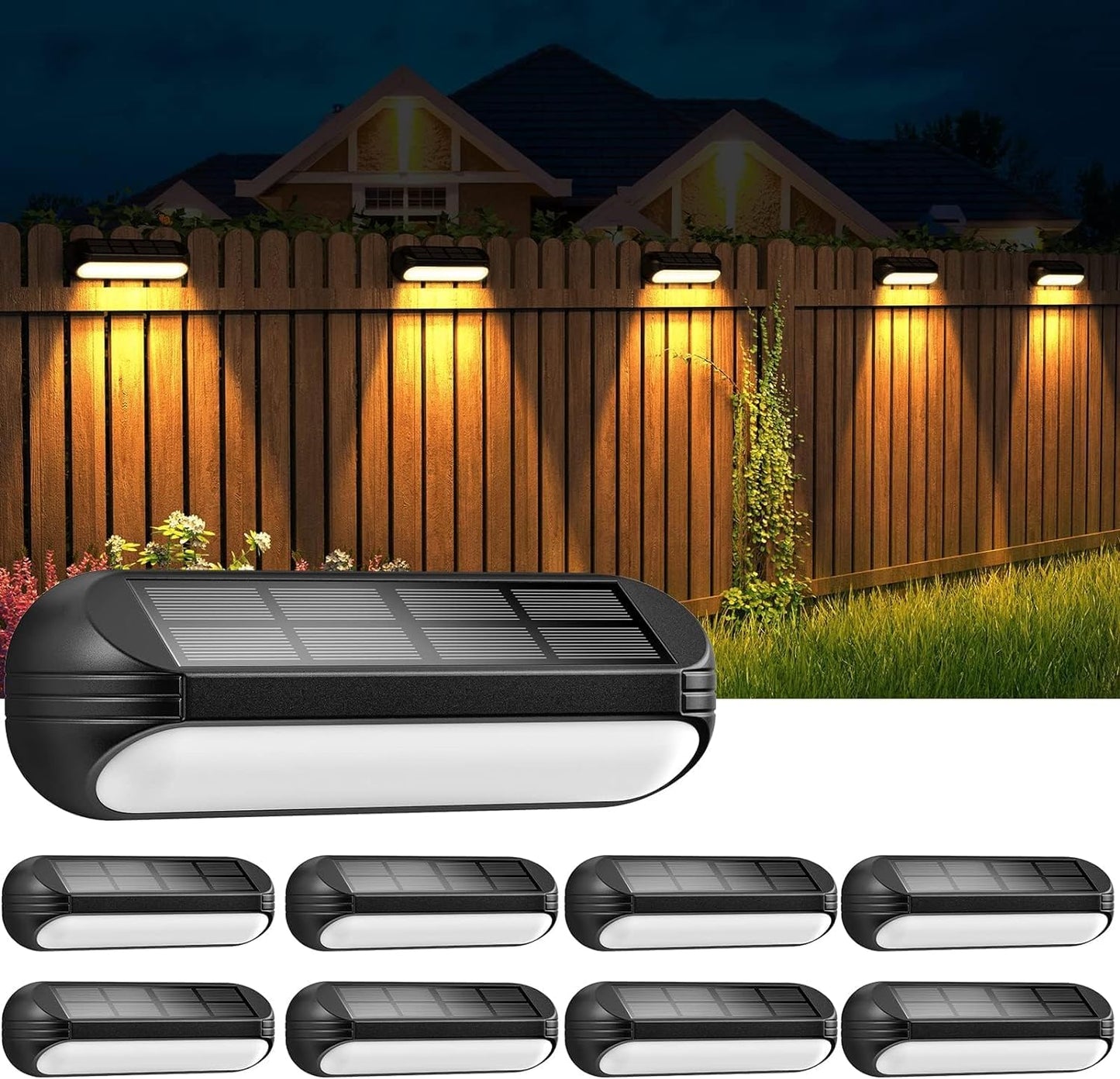 8 Pack Solar Deck Lights Outdoor, BUCASA Solar Step Lights Outdoor Waterproof, Warm & RGB 8-Colors Solar Fence Lights, Auto ON/Off Solar Powered Deck Lights for Fence Deck Stair Yard Wall