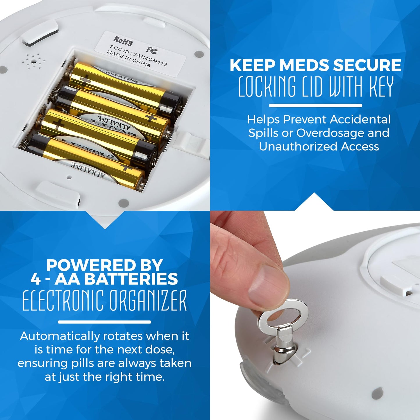 Automatic Pill Dispenser with 28-Day Electronic Medication Organizer - Lockable Key Pill Container with LCD Display, Light and Sound Reminder Alarm for Scheduled Medication for Seniors and Elderly