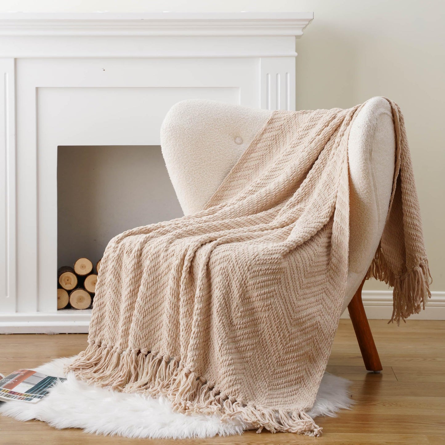BATTILO HOME Beige Throw Blankets for Couch Bed Sofa, Textured Solid Soft Knitted Throw Blanket with Tassels, Warm Cozy Couch Blanket Large Bed Throws, 60"x80"