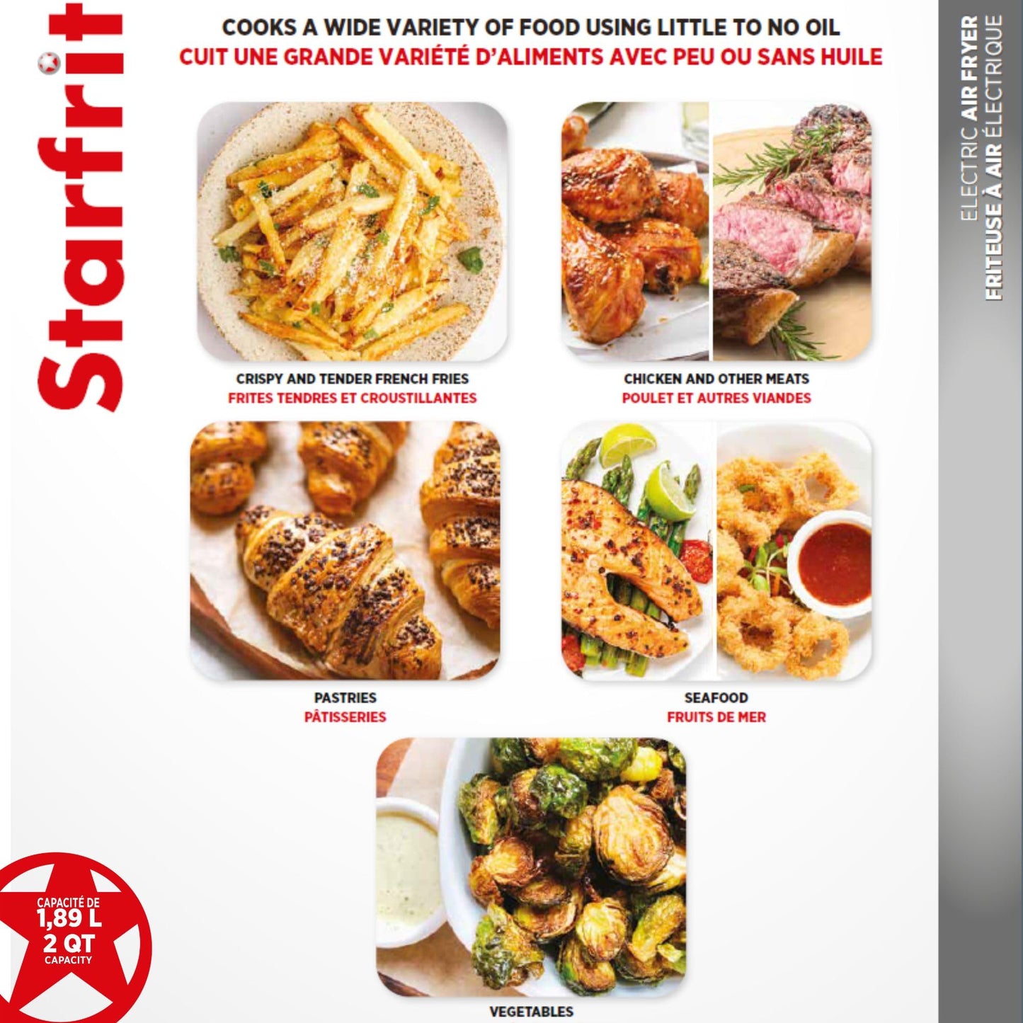 Starfrit Electric Air Fryer – 2QT/1.89L Compact Capacity – Adjustable Temperature Control – Removable Non-Stick Basket – 30-Minute Auto Shut-Off - 900 Watts