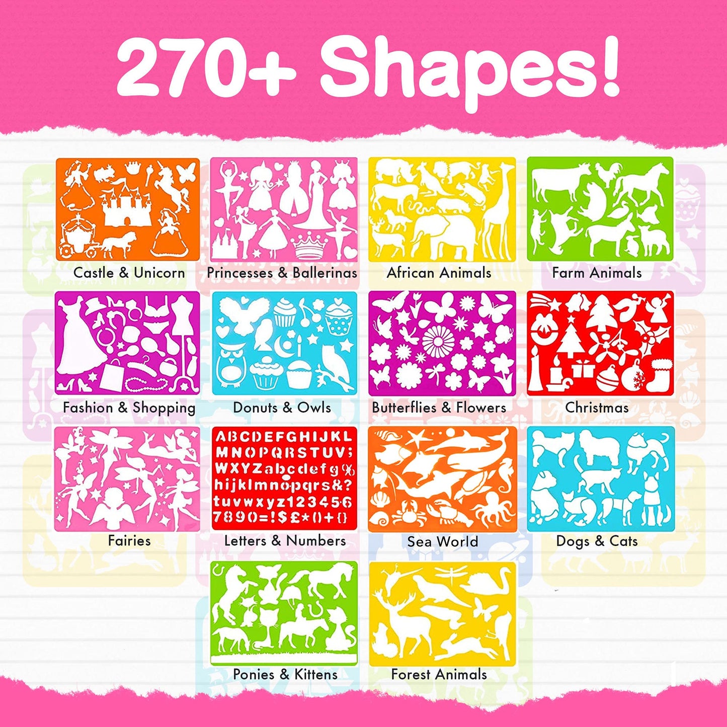 Mimtom Drawing Stencils Set for Kids and Girls | 51 PC Arts and Crafts Stencil Kit with Over 270 Shapes to Unleash Your Child's Creative Mind | Kid-Safe Educational Activity Toy for Ages 4 & Up