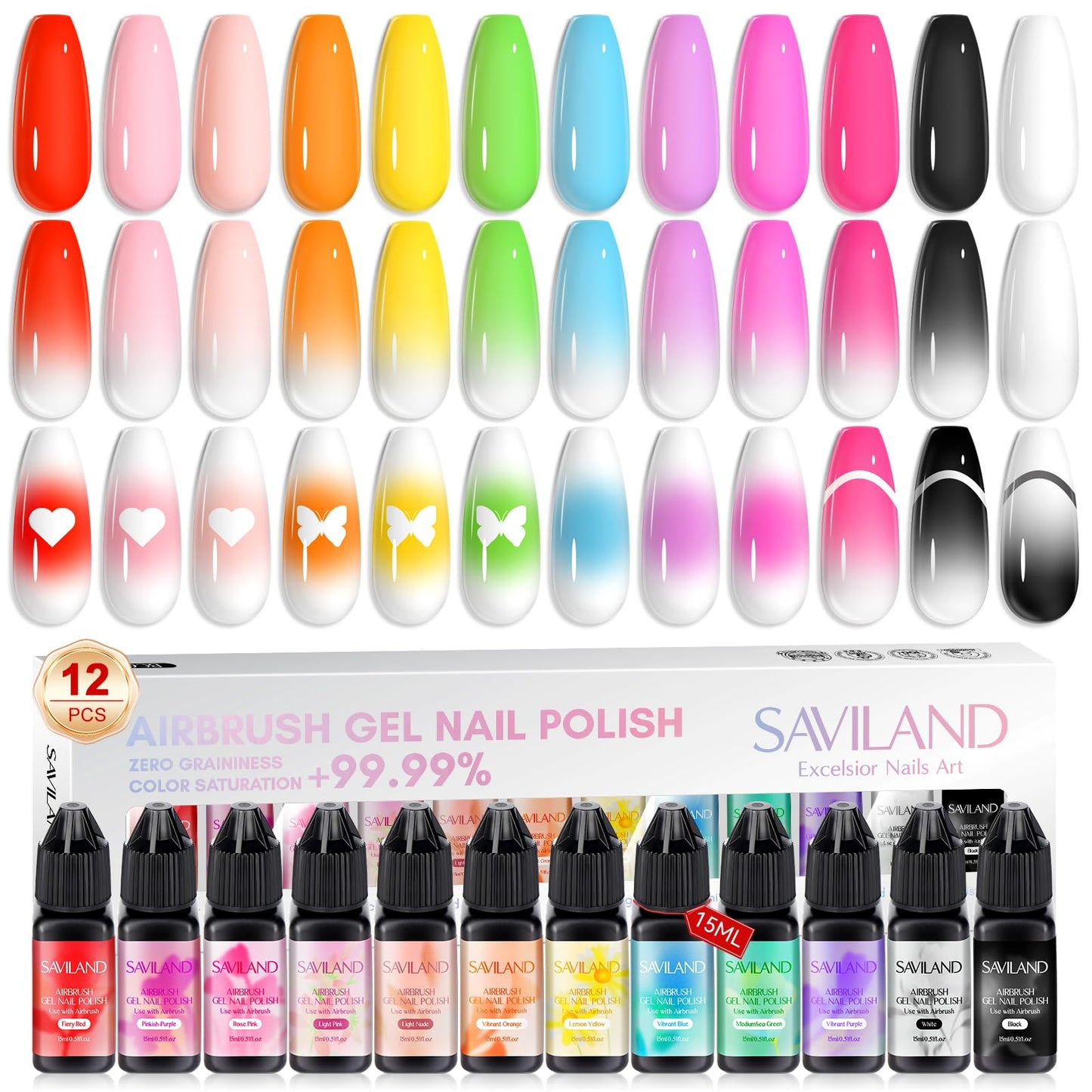 SAVILAND 12 vitality Colors 15ml Airbrush Gel Nail Polish Set With Fine Mist Nail For Color Spray Perfect Nail Art Design Without Dilution Soak Off Nails Gel Set For Beginners Profession French Nail Lover