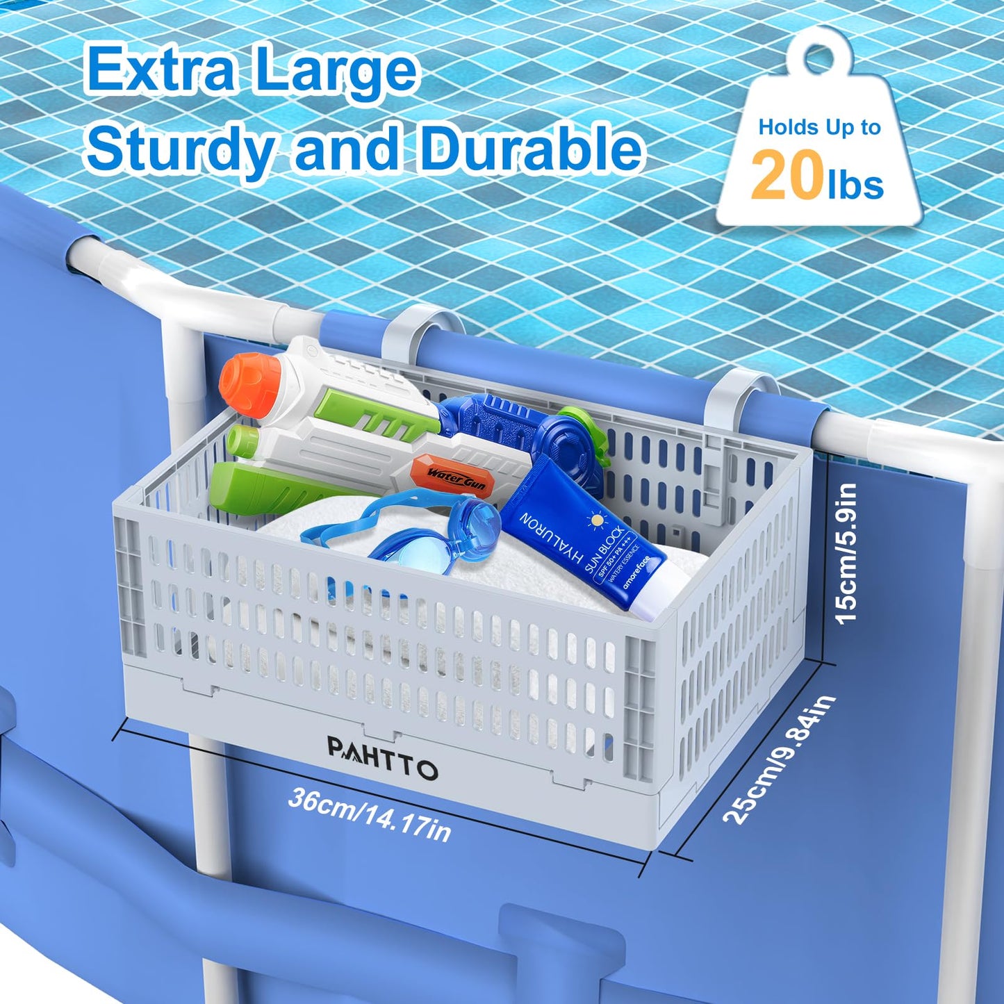 Poolside Storage Basket 2pcs, Foldable Pool Basket for Toys, Towels, Beverages, Poolside Organizer, Pool Accessories Above Ground,Grey