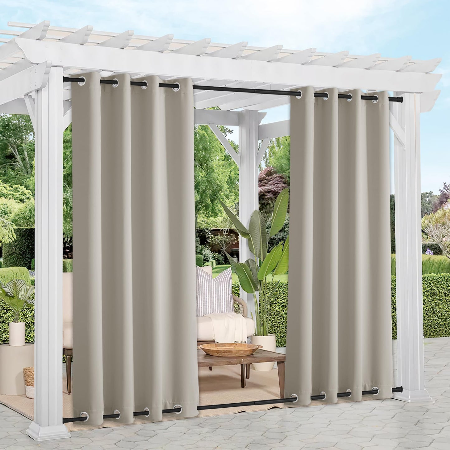 NICETOWN 2 Panels Natural Outdoor Curtains for Patio Waterproof, Rustproof Top & Bottom Grommet Weighted Windproof Drapes Thermal Insulated Blackout Outdoor Blinds for Porch/Gazebo, W52 x L84