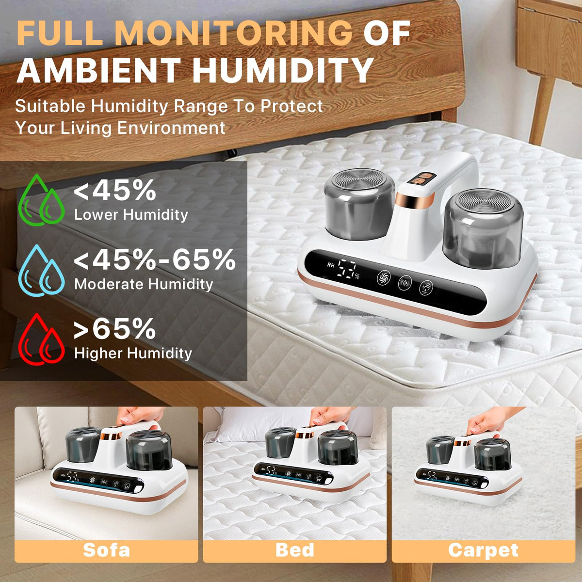 1000W Cordless Bed Vacuum Cleaner - 5-in-1 Mattress Vacuum with &Built-in Humidity Sensor, High-Frequency Tapping, 16Kpa Suction, Low Noise, Rechargeable & Portable, Ideal for Dust, Pet Hair (White8)
