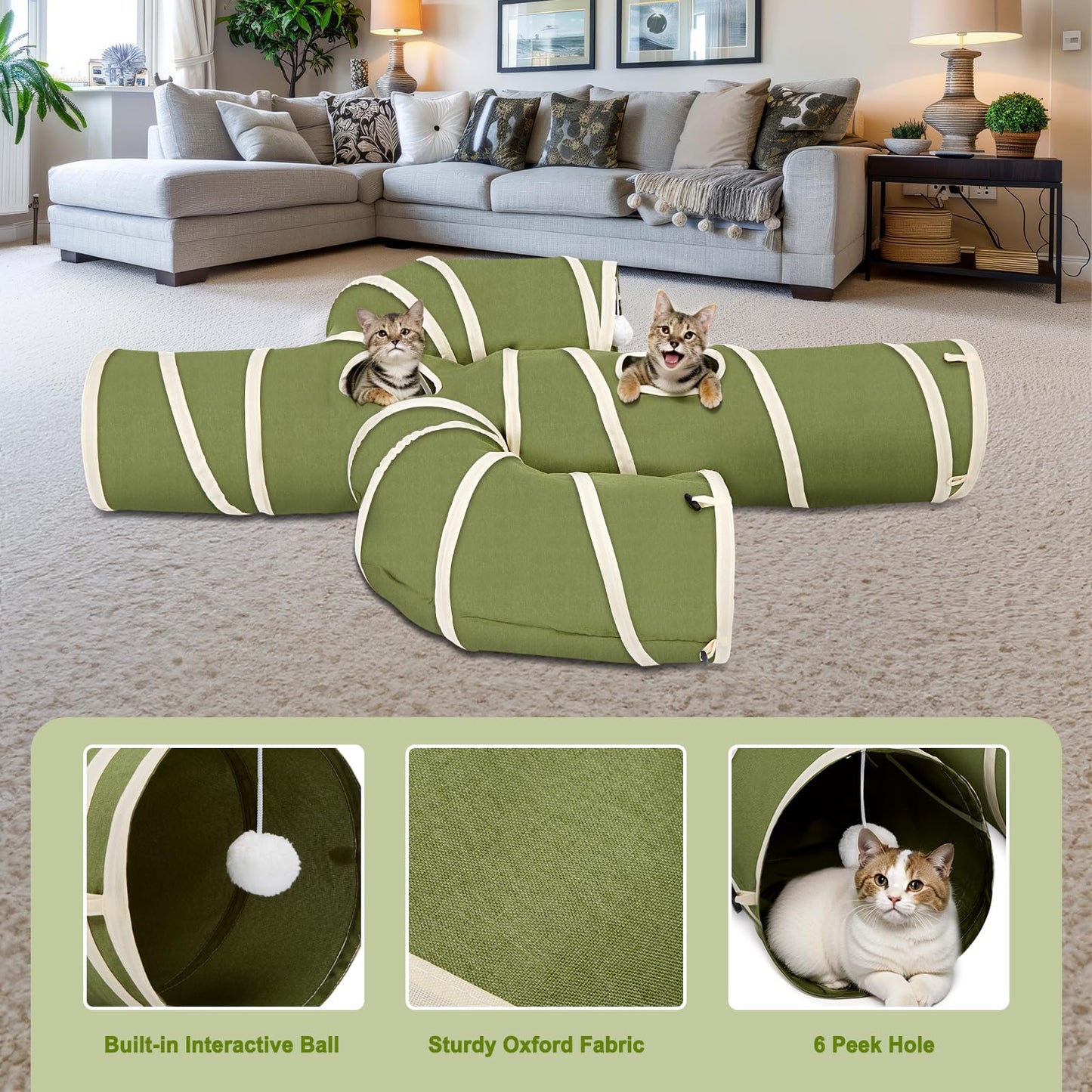 Ownpets Cat Tunnel, Larger Cactus Shape Pet Tunnel with Sturdy Oxford Fabric, Foldable and Resistant to Tearing, Featuring Multiple Exits, Hanging Ball and Teaser Wand,Grey, 11.8” Diameter