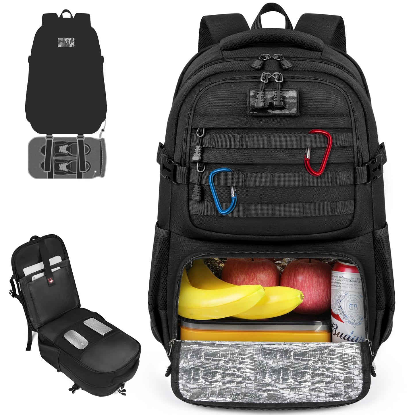 Lunch Backpack for Men & Women 17.3 Inch Laptop Backpack with USB Charging Port Waterproof Tactical Work Backpack with Insulated Lunch Bag for Travel, College, Business with MOLLE Design, Black