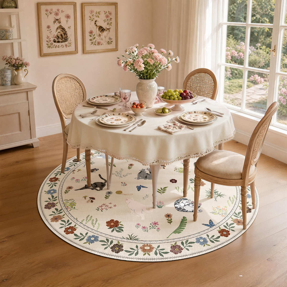 AIMPEAK 4ft Round Washable Area Rug - Non Slip Low Pile Cat Floral Boho Circular Carpet for Dining Table Under, Entryway, Living Room, Bedroom, Nursery, Kids Room, Beige Multi