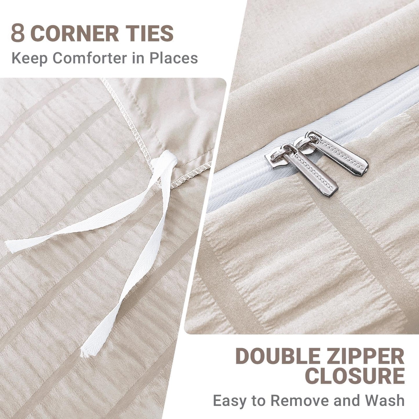 HYMOKEGE Beige Duvet Cover Queen Size, Ultra Soft 3-Piece Seersucker Duvet Cover Set with Zipper Closure, Soft Brushed Microfiber Bedding Set with 8 Corner Ties (90"x90", 2 Pillowshams)