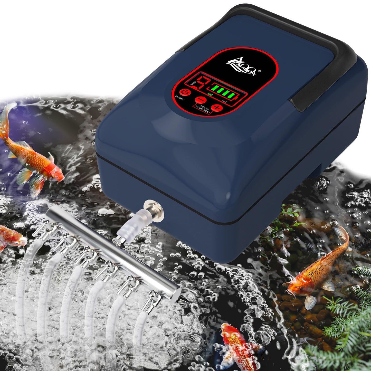 AQQA Aquarium Air Pump,AC/DC Battery Air Pump for Pond Fish Tank,9 Gear Adjustable Air Volume,IPX6 Waterproof Rechargeable Bubbler Aerator for Outdoor Fishing Breed Aquatics (20W)