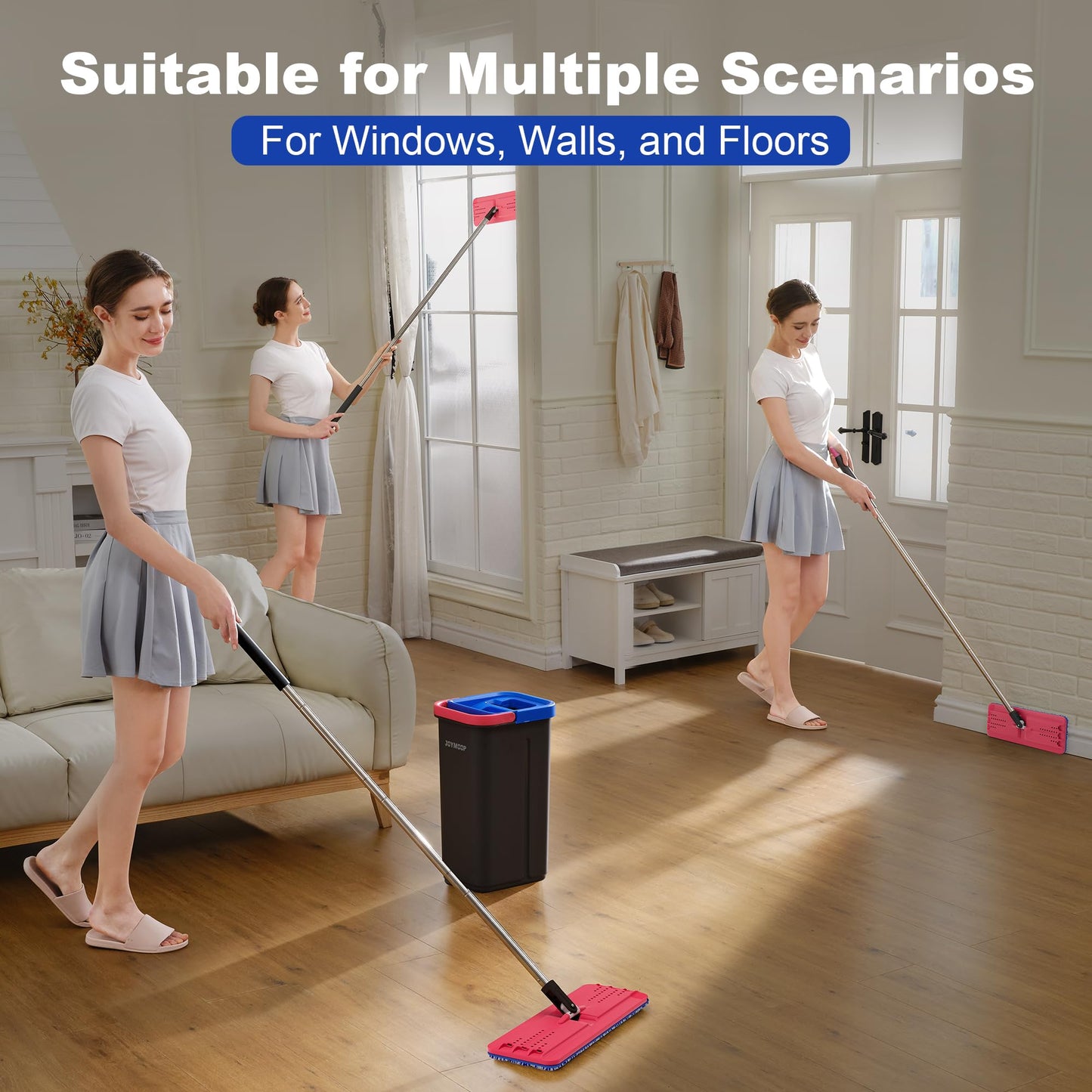 JOYMOOP Mop and Bucket Set for Home, Hands-Free Self-Cleaning System, with 3 Reusable Microfiber Mop Pads, Suitable for Floor Cleaning and Wall Cleaner - Black+Red+Slate Blue