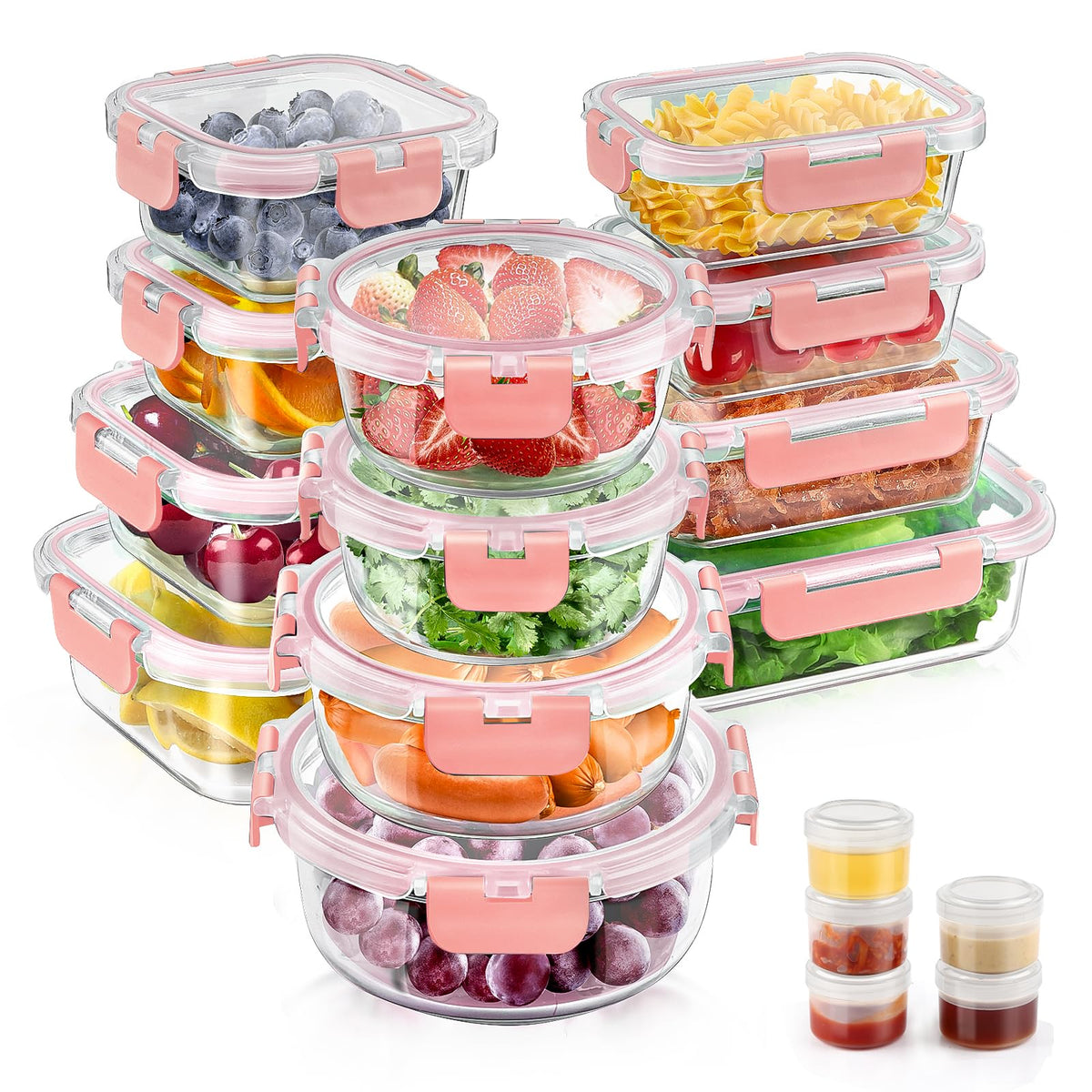 34pcs Glass Food Storage Containers with Lids Set, Airtight Glass Meal Prep Containers (17 Containers & 17 Lids), Leak Proof Lunch Container BPA-Free, Microwave, Oven, Freezer, Dishwasher Safe-PINK