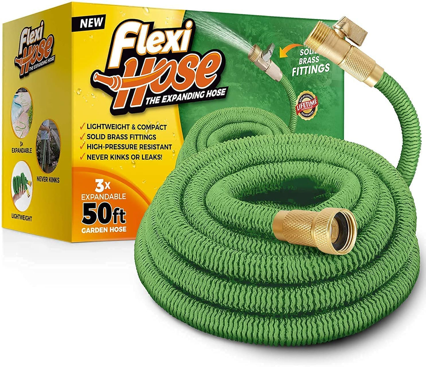 Flexi Hose Lightweight Expandable Garden Hose, No-Kink Flexibility, 3/4 Inch Solid Brass Fittings and Double Latex Core (50 FT, Green)