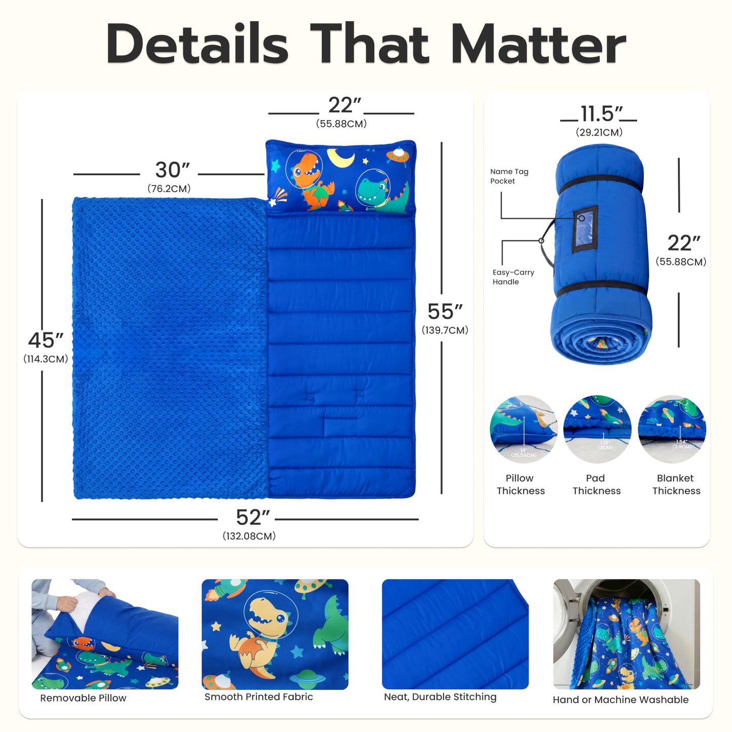 JOIEDOMI Toddler Sleeping Bag for Kids 55''x30'' Nap Mat with Removable Pillow and Minky Blanket for Toddler Ages 3-7 Roll Up Kids Sleeping Bag for Boys Girls Kindergarten Daycare Sleepover Dinosaur
