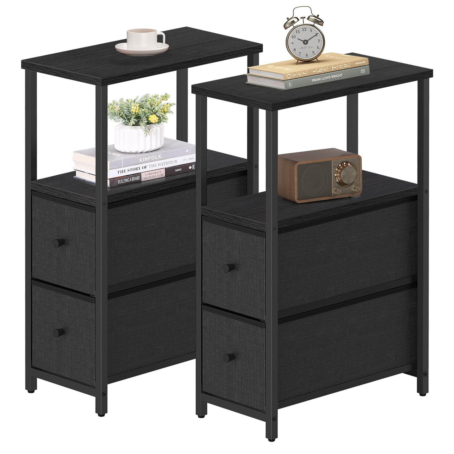 TUTOTAK Small Narrow End Table, Set of 2, Side Table, Nightstand with 2 Cloth Drawers, Couch Table, for Living Room, Bedroom, Bedside, Black TB01BK054CA