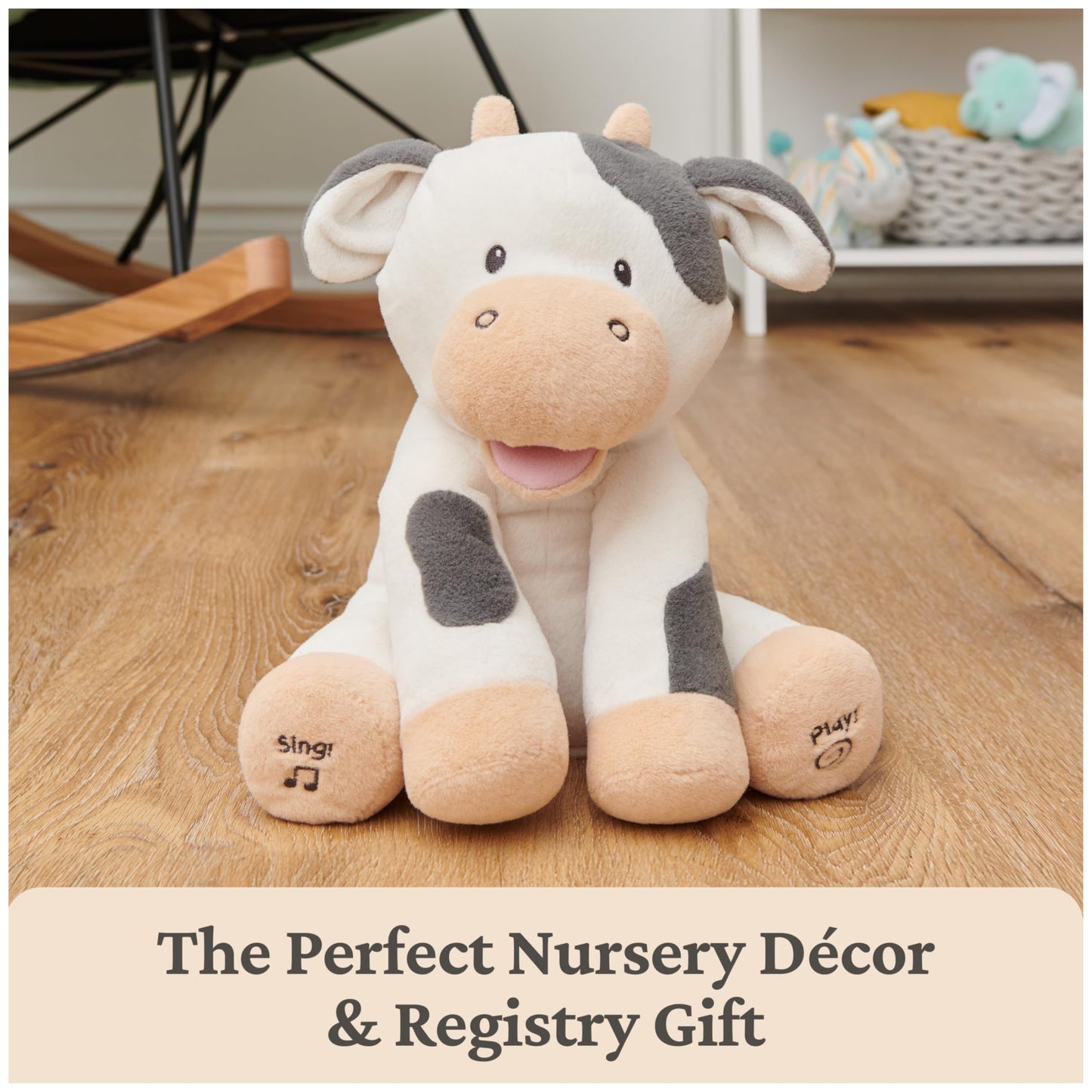 Baby GUND Buttermilk The Cow Animated Plush, Singing Stuffed Animal Sensory Toy, Sings Old Macdonald and Teaches Animal Sounds, Cream/Grey, 12”