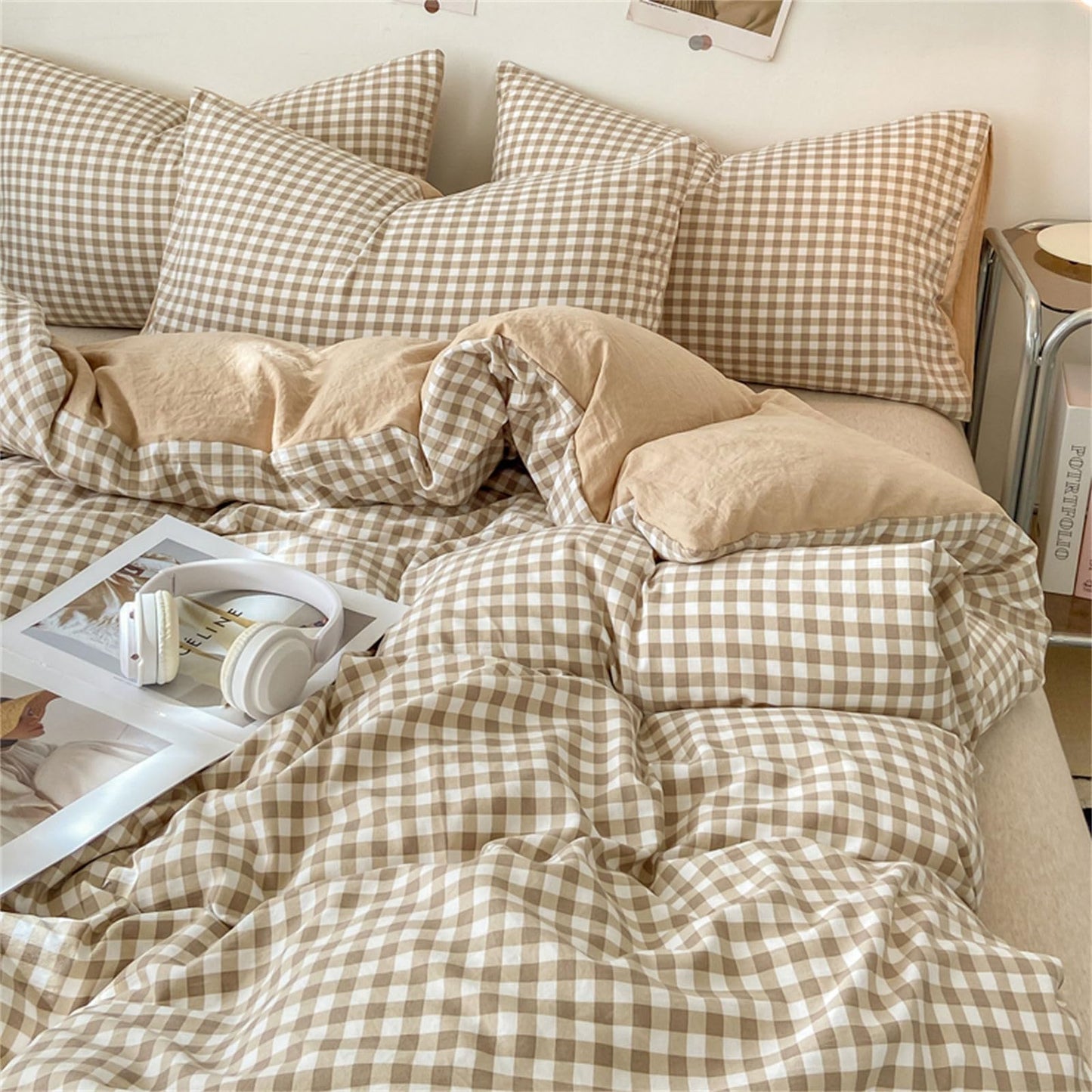 Nayoroom Gingham Duvet Cover Queen Size Brown Tan Plaid Checkered Comforter Cover Grid Farmhouse Dorm Bedding Set 3 Pcs Soft Breathable Washed Microfiber Gifts for Women Men