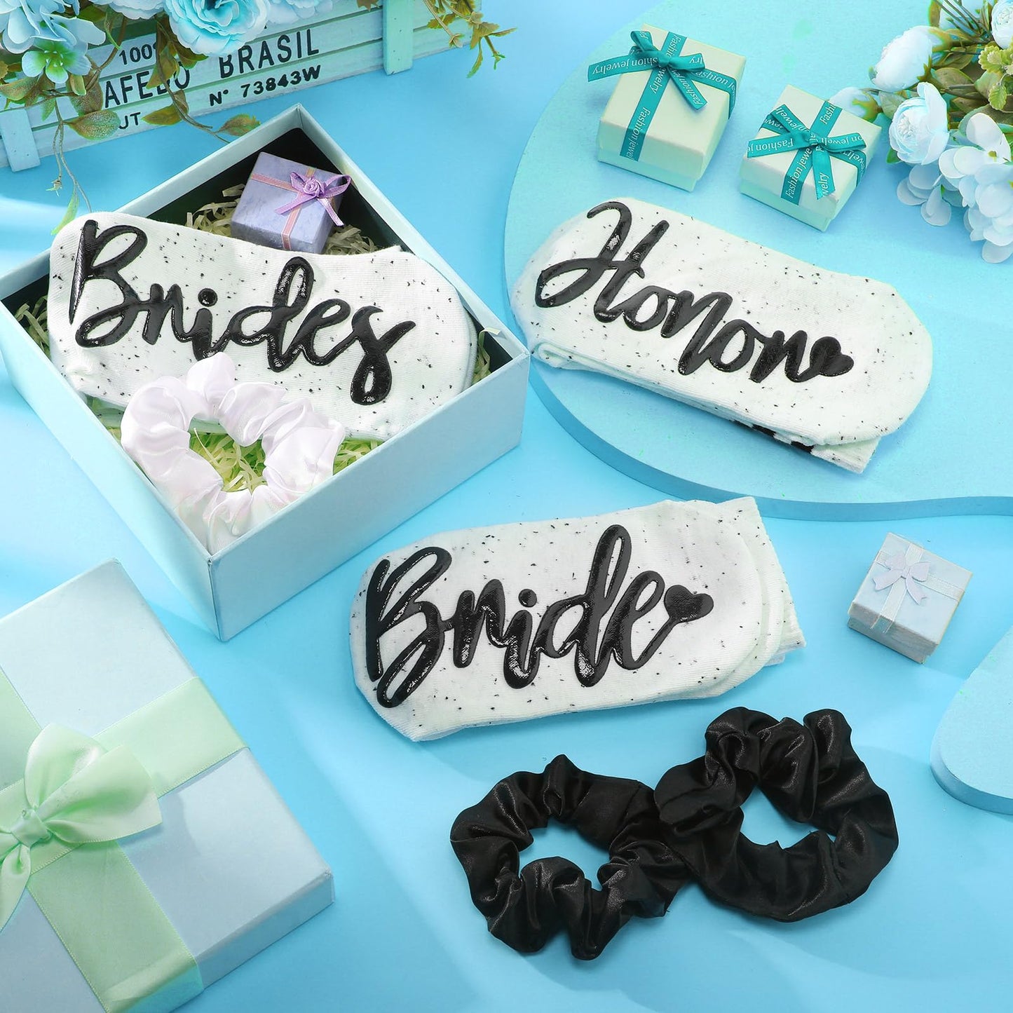 Toulite 7 Pairs Bride Bridesmaid Socks 7 Satin Bridesmaid Scrunchies Women Wedding Gifts Set Bachelorette Party Favors (Novel)