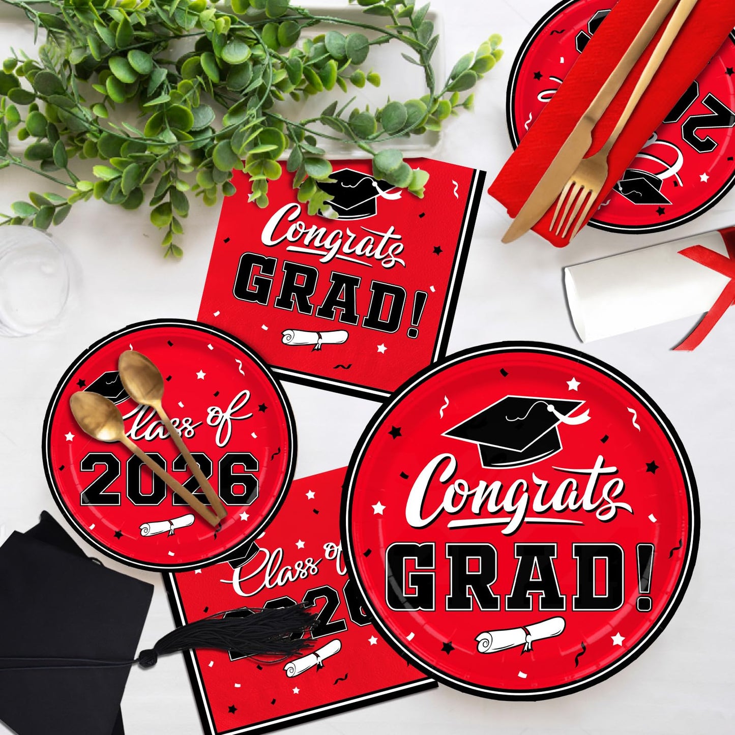 Gatherfun Graduation decorations 2026 Graduation Plates and Napkins Red Disposable Paper Plates Luncheon Napkins Cocktail Napkins for Congrats Grad Party Decorations, Serve 50