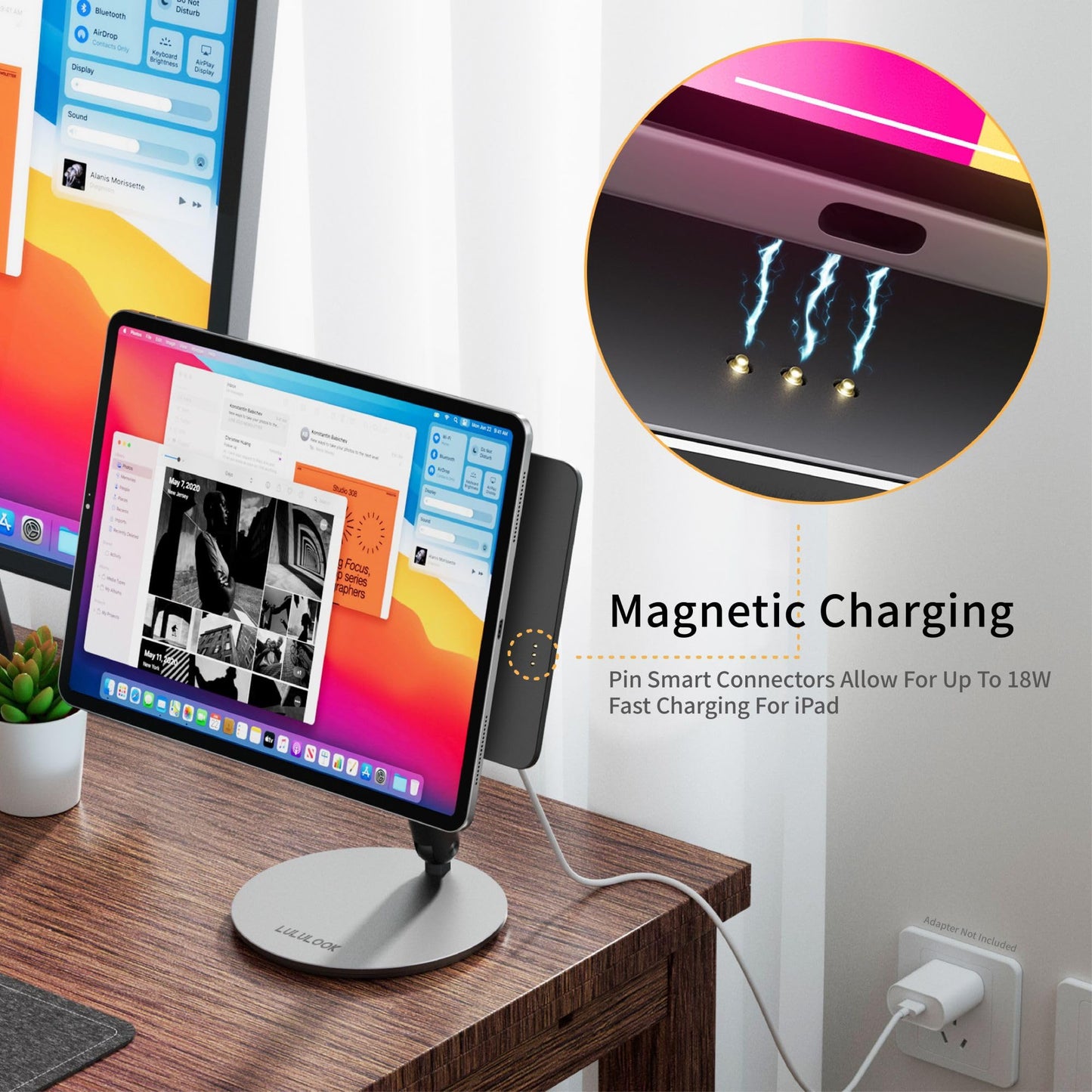 [Upgrade] LULULOOK Wireless Charging Magnetic Stand for iPad Air 13'' M3(2025) M2(2024)/ iPad Pro 12.9" 6th/5th/4th/3rd, 360°Adjustable Foldable Aluminium Tablet Stand for Home, Kitchen, Office