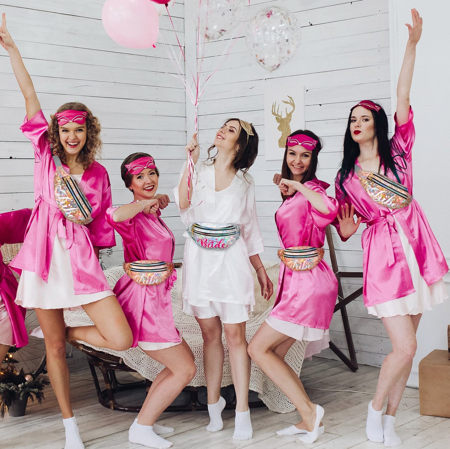 8 Pieces Bachelorette Party Gifts for Bride Holographic Bride Fanny Packs Waterproof Adjustable Bridesmaid Tribe Waist Bag Silver Rose Gold Squad Packs Rave Bags for Wedding Party Bridal Shower