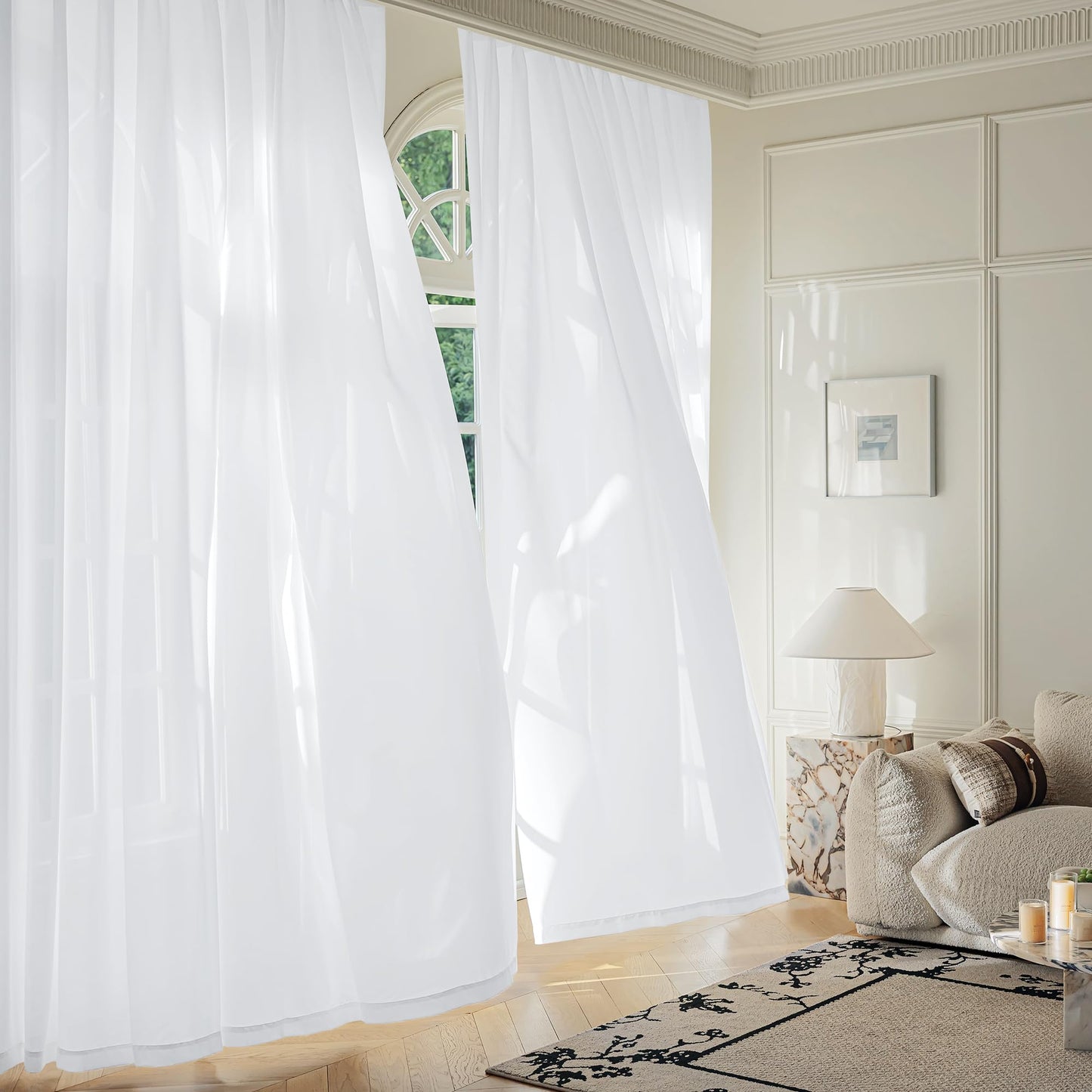 FMFUNCTEX Sheer Off White Curtains for Bedroom, Semi Sheer Airy Curtains 84 Inches Long for Living Room, Faux Silk Light Filtering Non-See-Through Privacy Window Drapes, Rod Pocket 2 Panels Set
