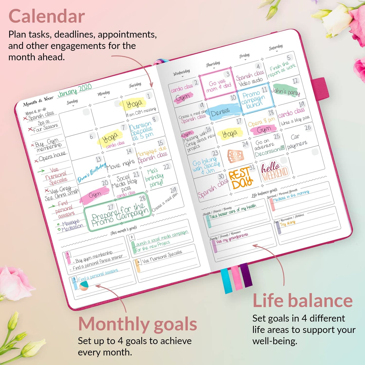 GoGirl Planner and Organizer for Women – A5 Size Weekly Planner, Goals Journal & Agenda to Improve Time Management, Productivity & Live Happier. Undated – Start Anytime, Lasts 1 Year – Hot Pink