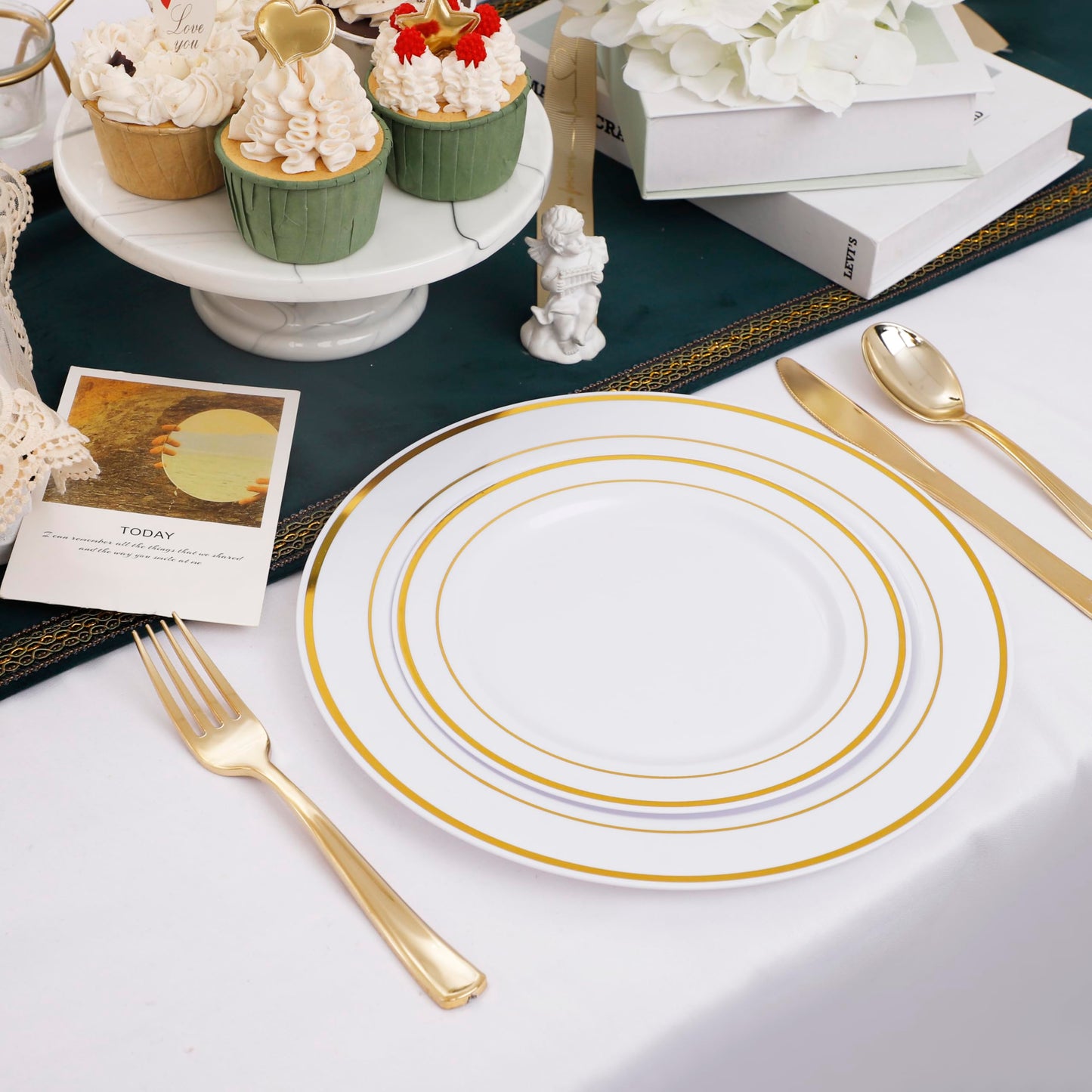 I00000 102 Pieces Gold Plastic Plates, Disposable Party Plates White Gold Rim, 51 Heavy Duty Dinner Plates 10.25 Inch and 51 Disposable Dessert Appetizer Elegant Fancy Wedding Plates 7.5 Inch