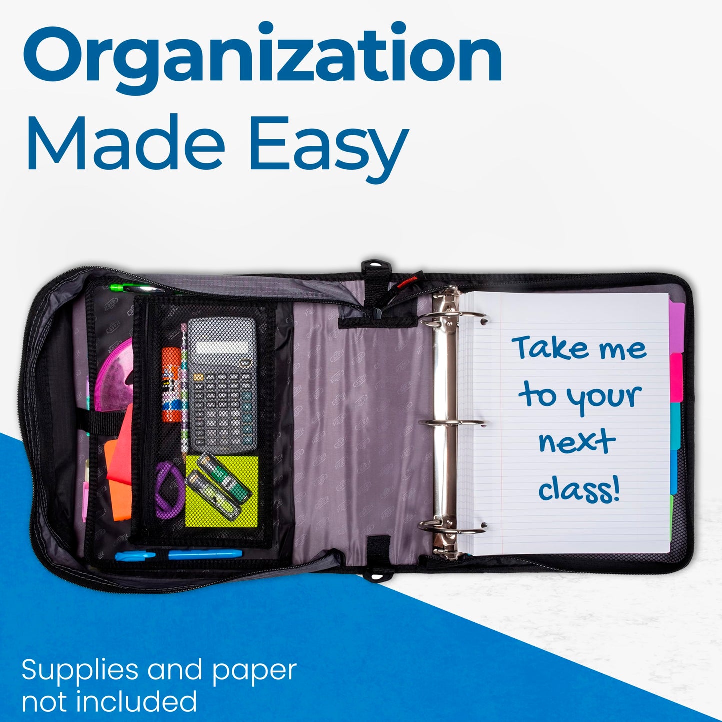 Case-it The Mighty Zip Tab Zipper Binder - 3 Inch O-Rings - 5 Color Tab Expanding File Folder - Multiple Pockets - 600 Sheet Capacity - Comes with Shoulder Strap - Jet Black D-156-N