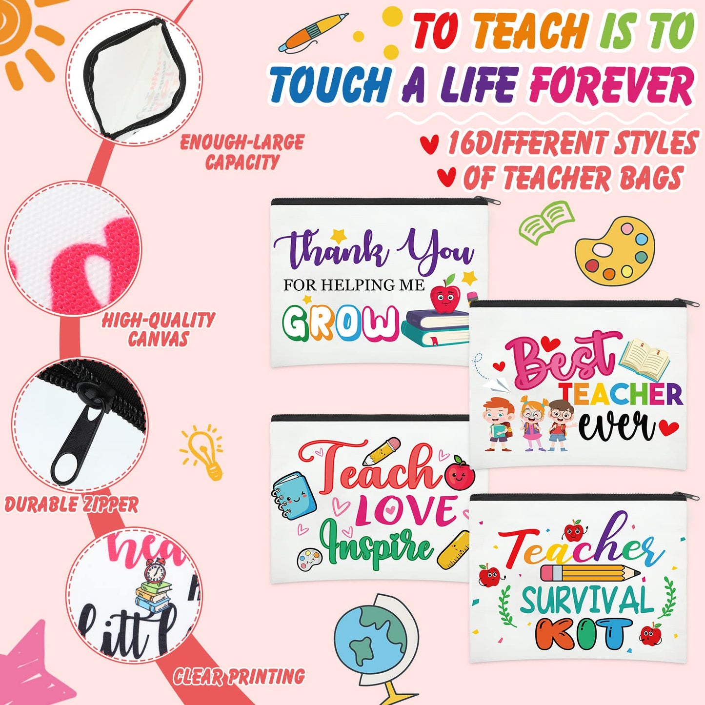 Hillban 32 Pieces Teacher Back to School Gifts Teacher Appreciation Gifts Women Cosmetic Makeup Bag Funny Pencil Pouch for Graduation Birthday Christmas(Cute)