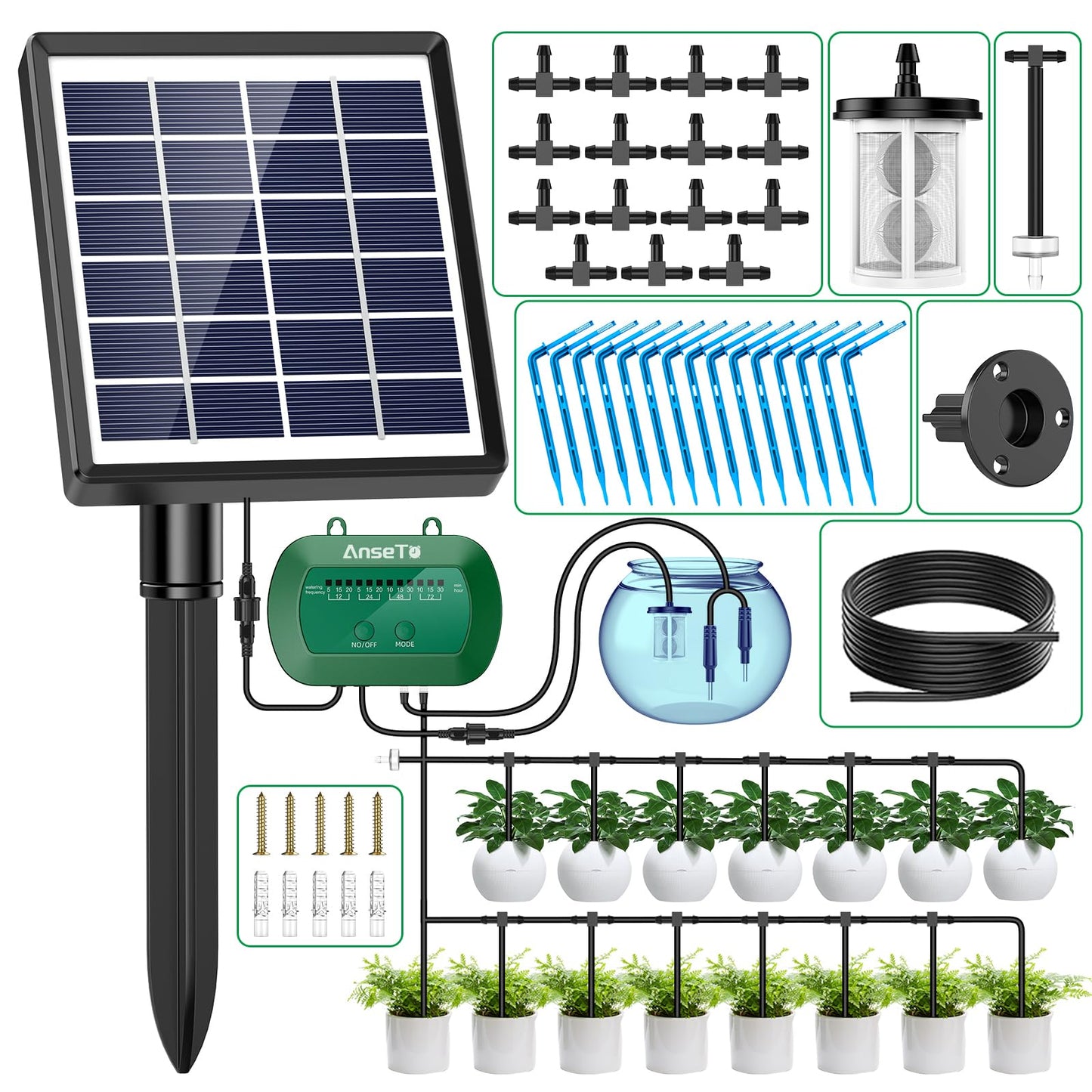AnseTo Garden Drip Irrigation System, Solar Drip Irrigation System Kit with Automatic Water Timer, for Automatic Watering System for Potted Plants in Garden, Balcony, Greenhouse, Support 15 Plants