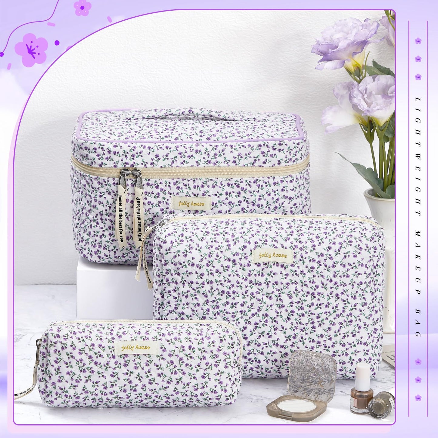 Zeyune 3 Pcs Makeup Bag Quilted Cosmetic Bags Large Floral Makeup Bag Set for Women Cotton Flower Travel Toiletry Storage Cute with Zipper for Women Mom Birthday Gift Home Bathroom(Flower)