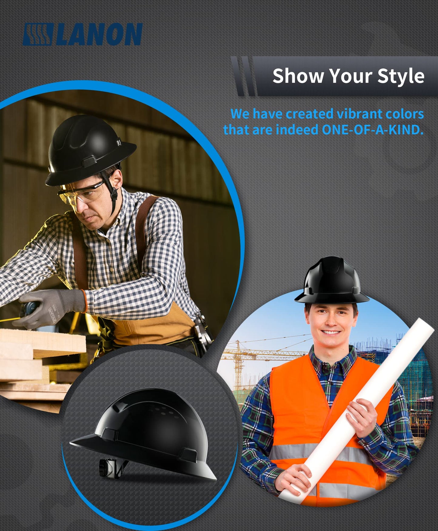 LANON Full Brim Hard Hat, OSHA Construction Work Approved, HDPE Safety Helmet with 4 Point Adjustable Ratchet Suspension, ANSI Z89.1 Class C,Glossy Black