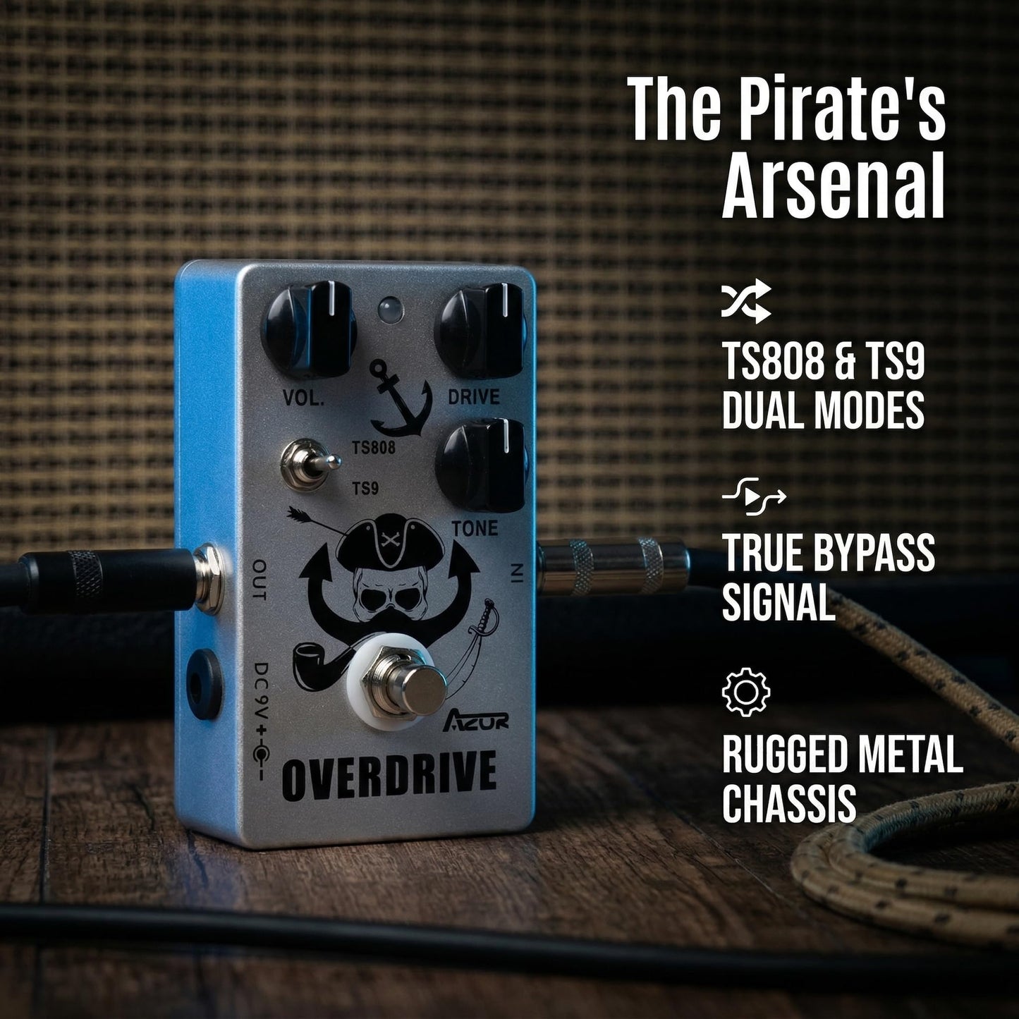 AZOR Vintage TS808/TS9 Switchable Overdrive Pedal - All-Metal True Bypass Guitar Effect with Analog Circuitry, for Electric Guitar, Bass & Pro Audio - Stage-Ready Low Noise Design