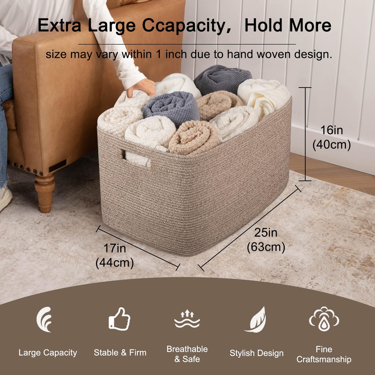 OIAHOMY 118L Cotton Rope Storage Basket, Oversized Blanket Basket, Living Room, Bathroom, Nursery, Bedroom Dirty Clothes Basket, Toy Storage Basket with Handles, 25" x 17" x 16",Brown variegated