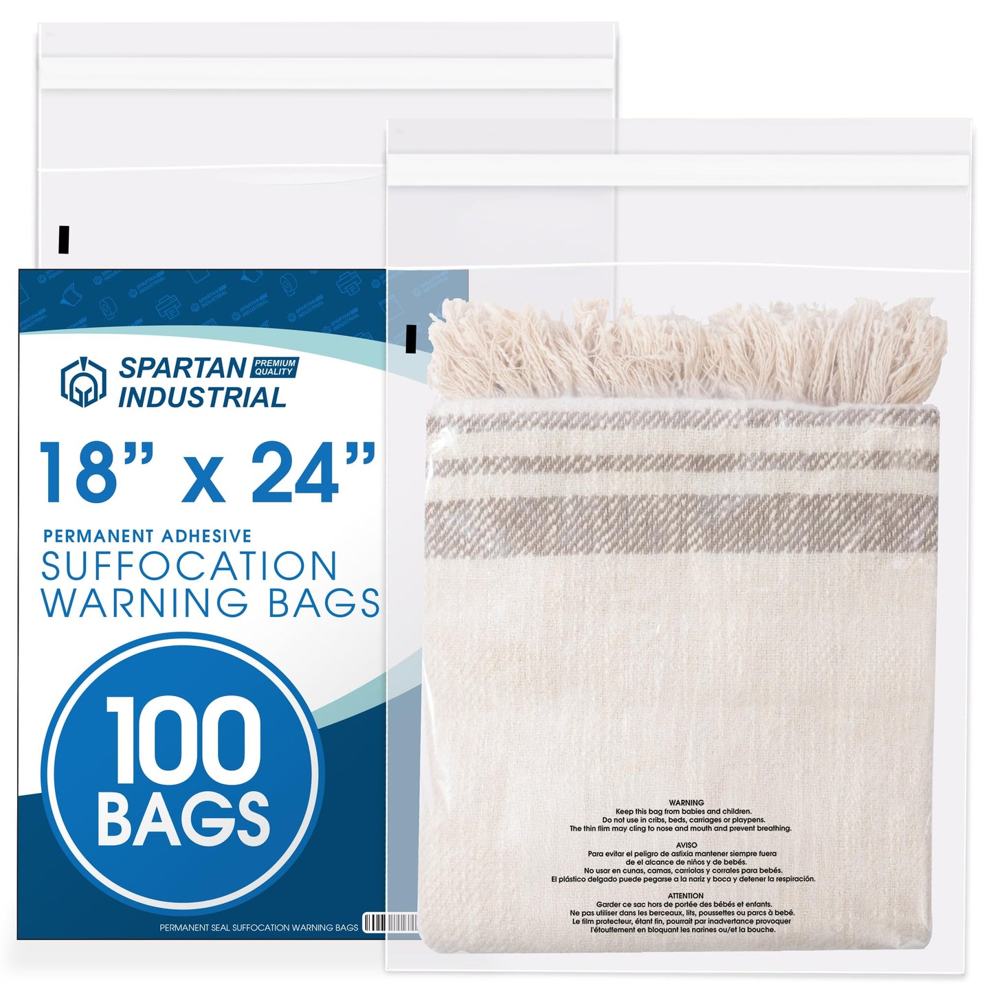 Spartan Industrial - 18" X 24" (100 Count) Self Seal Clear Poly Bags with Suffocation Warning for Packaging, T Shirts - Permanent Adhesive