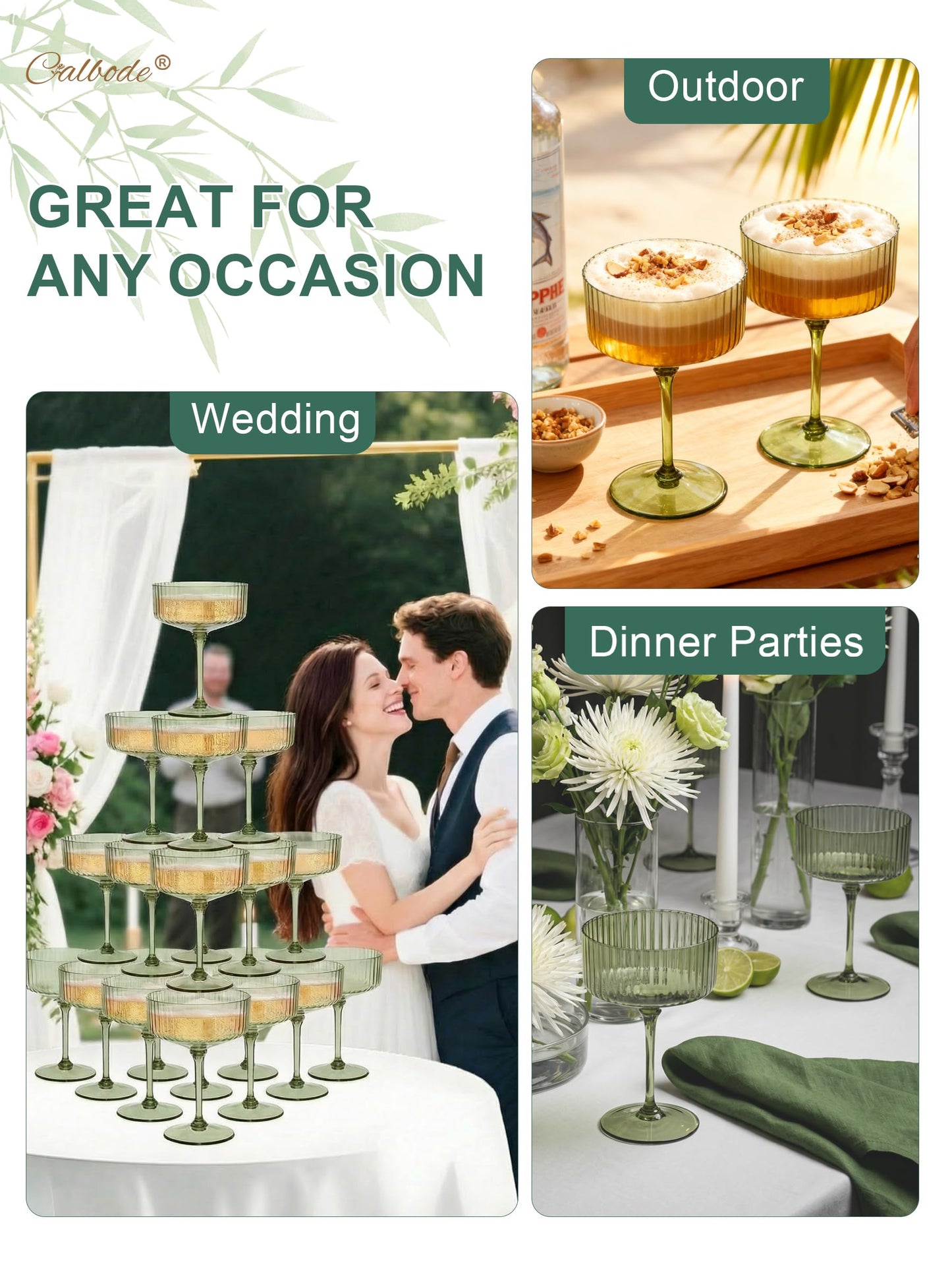 CALBODE 24Pcs Plastic Martini Glasses with Detachable Stems, 10oz Plasitc Ribbed Coupe Glasses Green Vintage Cocktail Glassware Set Toasting Glasses for Party Wedding Anniversary