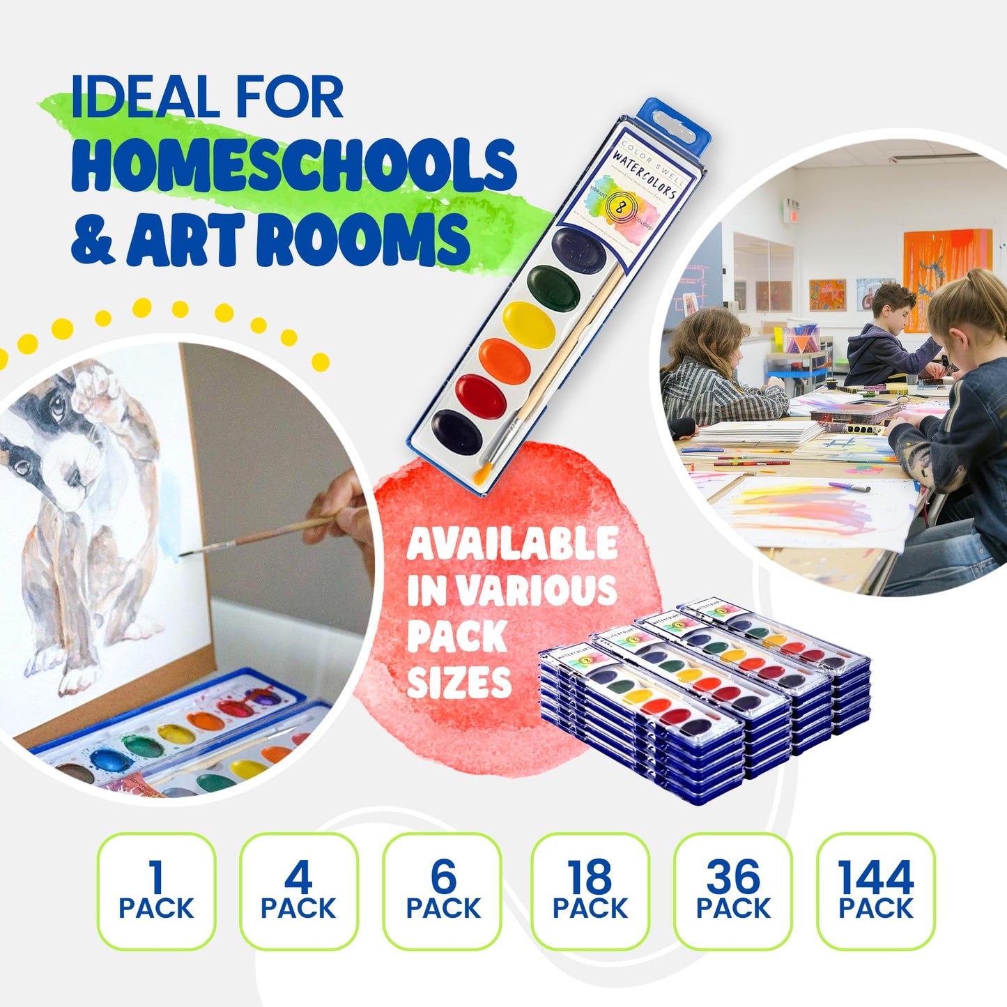 Color Swell Washable Bulk Watercolors Paint, 18 pack, 8 Colors, Wood Brush, Classroom Bulk Paint Pack - Bulk Watercolors