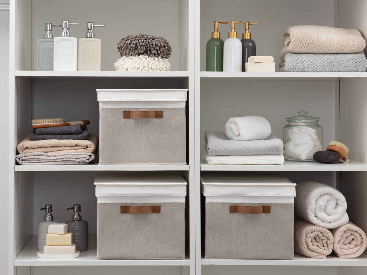 StorageWorks Lidded Large Storage Bins, Foldable Closet Basket with PU Sewn Handles, Decorative Boxes for Clothes, Blankets, Brown and White, Jumbo, 3-Pack