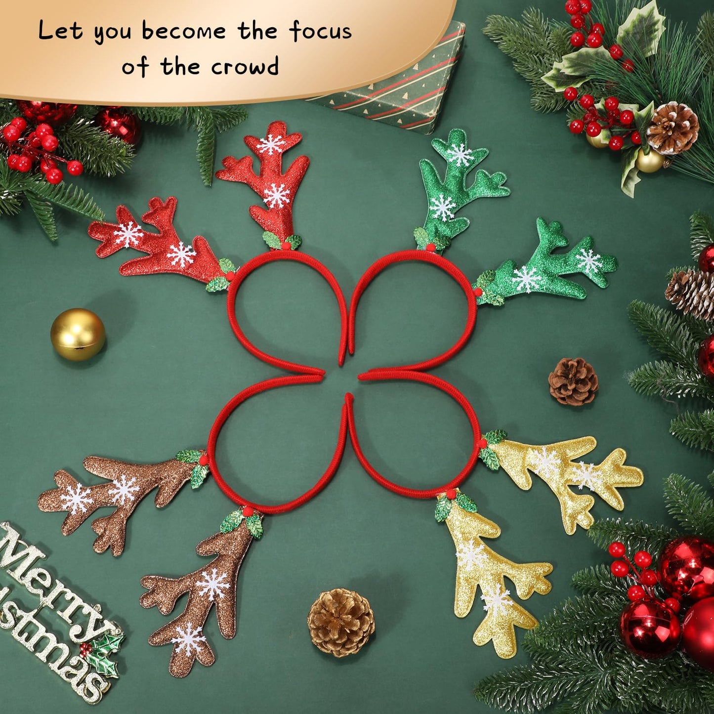Zubebe Christmas Deer Antlers Headband Glitter Snowflake Reindeer Bulk Antlers Headpiece Headdress for Costume Party (48 Pcs)