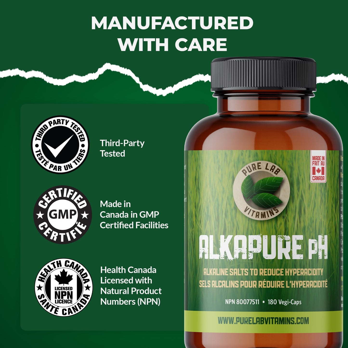 Pure Lab Vitamins - Alkapure pH -180 Vegetarian Caps - Balanced Alkaline Salts Antacid Supplement - Sodium, Potassium. Magnesium, Bicarbonate, Phosphate - Improve Body pH, Digestion Support, Calcium free