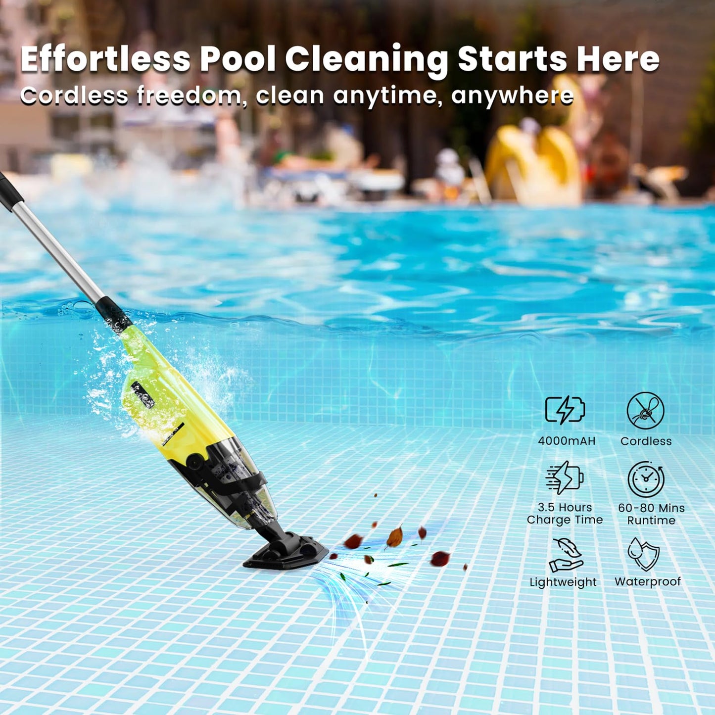 Cordless Pool Vacuum Cleaner for Above Ground Pool & In Ground Rechargeable Pool Vacuum Cleaner - 90 Mins Runtime, with 69" Telescopic Pole, Spa Vacuum for Hot Tub- Fast 3H Charge (Yellow)