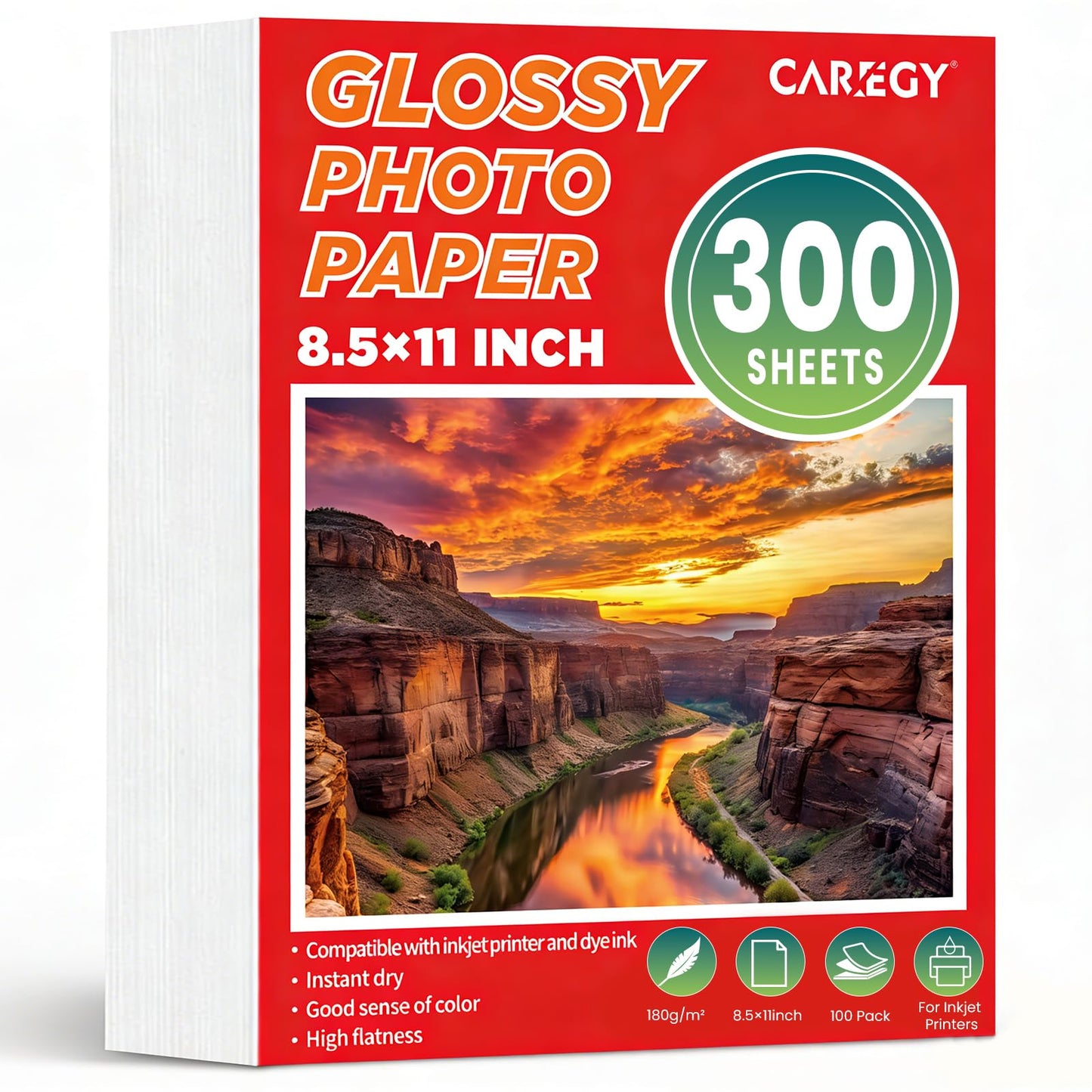 CAREGY 300 Sheets Single Sided Glossy Photo Paper for Inkjet， 8.5x11 Inches，180GSM Printer Picture for Inkjet Printer with Dye Ink