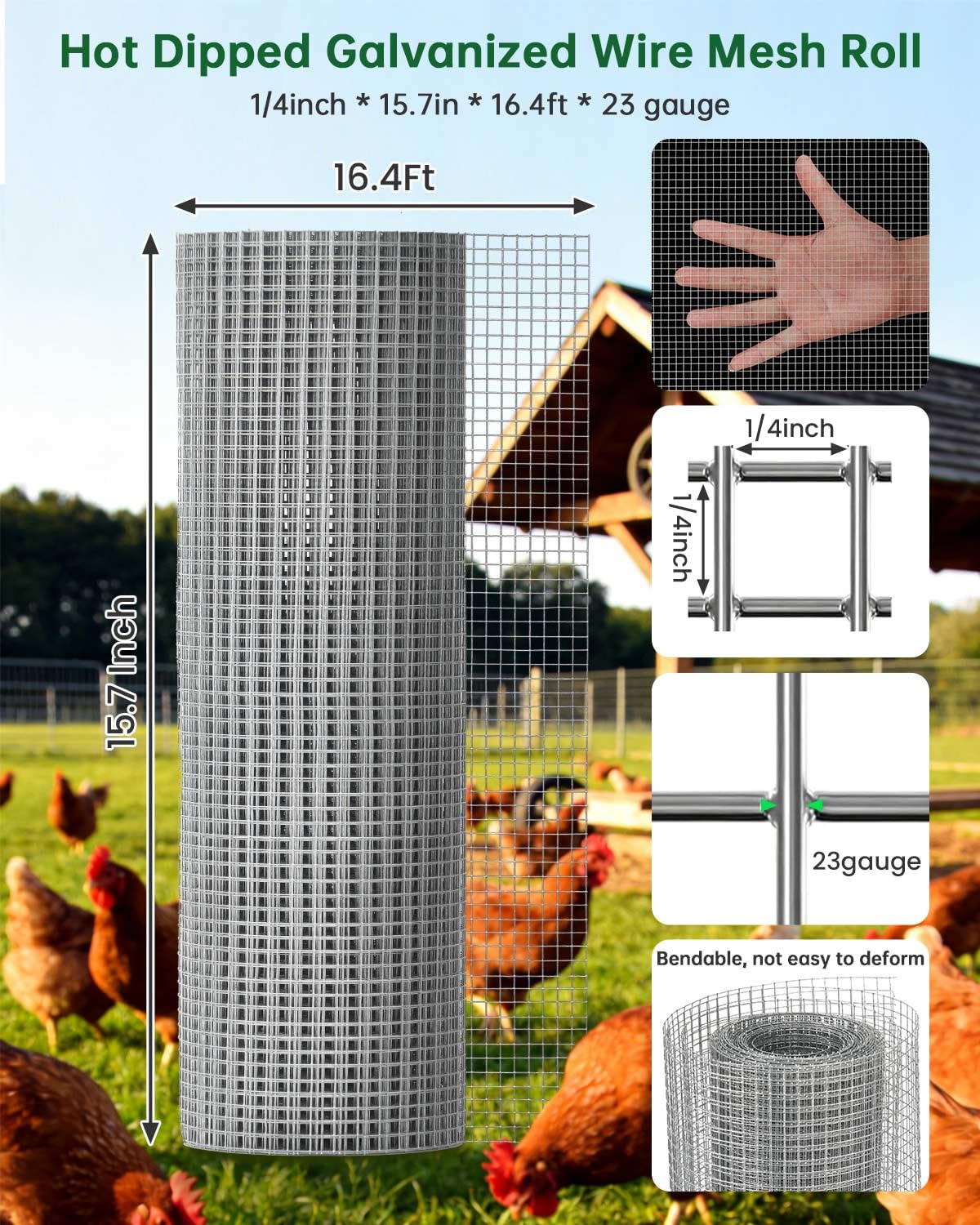 ASULUPHY 1/4 in Hardware Cloth, 16 in * 16.4 FT Chicken Wire Fencing, Hot-Dipped Galvanized After Welding Garden Plant Supports Welded Metal Chicken Wire Poultry Animal Netting Cage Screen