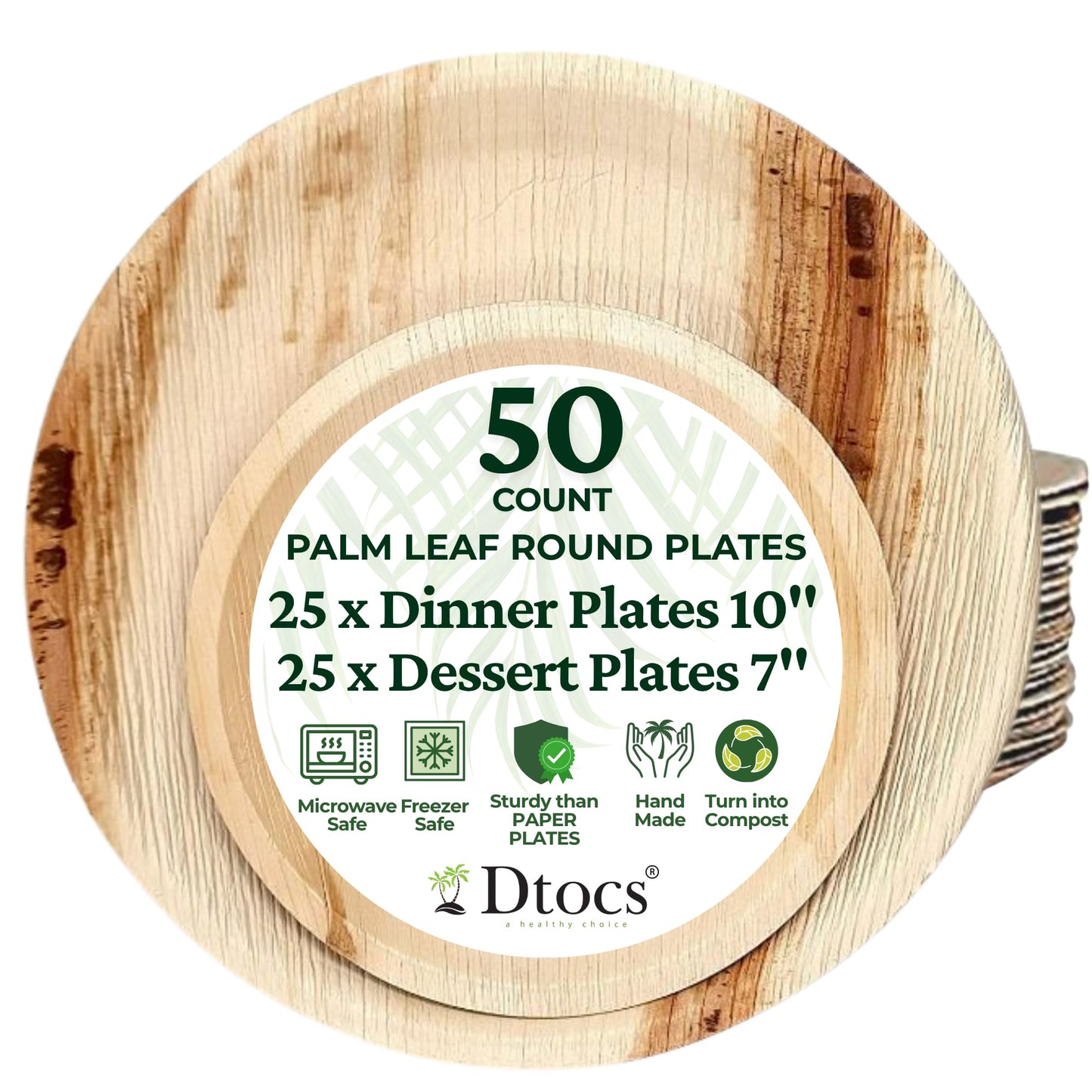 Dtocs Palm Leaf Disposable Plates (50 Pcs.) – 10 Inch Dinner, 7 Inch Dessert Plate Set (25 Each) | Eco-Friendly Rustic Bamboo, Wooden Plate Look Party Dinnerware Set | Sturdy Alt Round Paper Plates