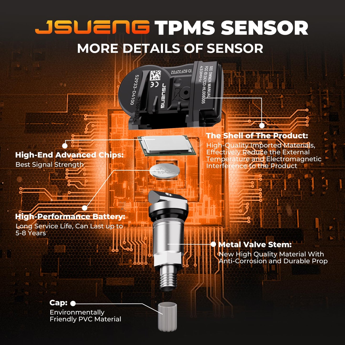 TPMS Sensor, 433MHZ Tire Pressure Monitoring Sensor fit for Hyundai Sonata Veloster Kona Elantra, fit for Kia Niro Soul, Pre-Programmed TPMS Sensor Replaces 52933-D4100 52933F2000 52933D9100 4 Pack